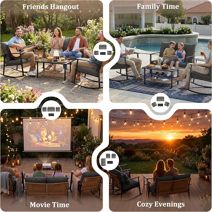 Deersky 4 Piece Outdoor Patio Furniture Set, Outdoor Rocking Chairs and Table, All-Weather Modern PE Wicker Rattan Patio Conversation Set for Porch Sunroom Deck and Yard, Dark Grey