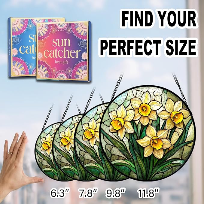 Birthday Gifts for Women - Yellow Daffodils Faux Stained Glass Window Hanging Sun Catcher for Door Garden Acrylic Decor Mother's Day Christmas for Mom Men Nana Grandma Sisters 7.8"