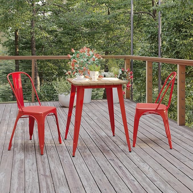 Flash Furniture Declan Commercial Outdoor Dining Table, All Weather Poly Resin Top with Steel Base, 23.75" Square, Brown/Red