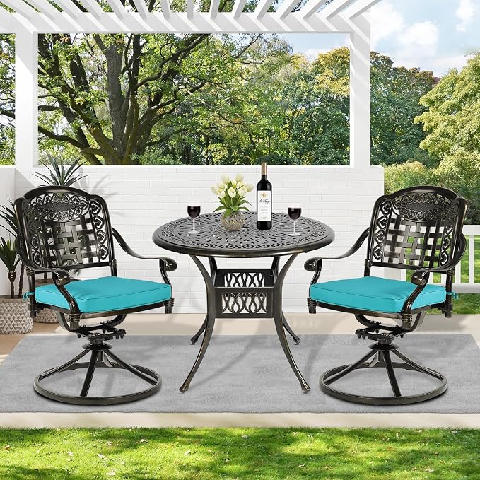 MEETWARM 3-Piece Outdoor Patio Dining Set, All-Weather Cast Aluminum Patio Conversation Set, 2 Cushions Swivel Rocker Chairs and 35.4" Round Table for Backyard Garden Deck, Umbrella Hole, Ocean Blue
