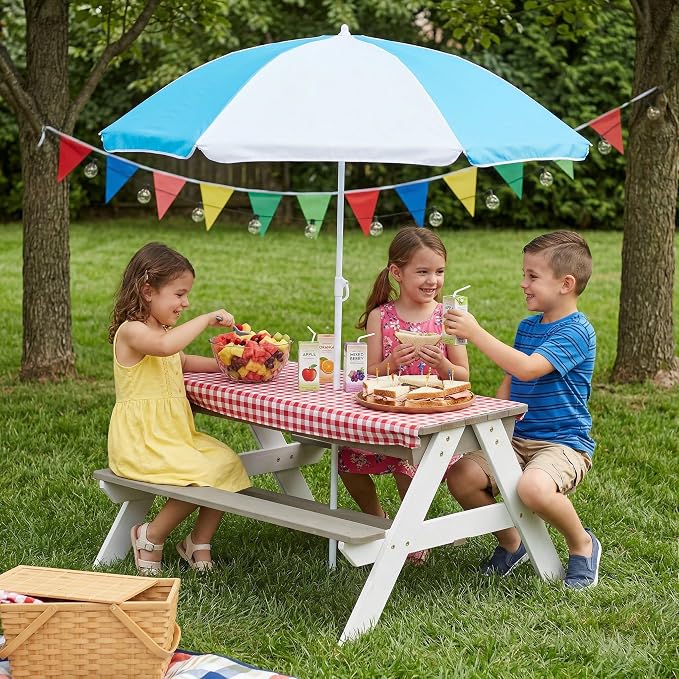 3-in-1 Kids Picnic Table with Umbrella, Convertible Sand and Water Table Outdoor Picnic Table for Outdoor Backyard Patio Play