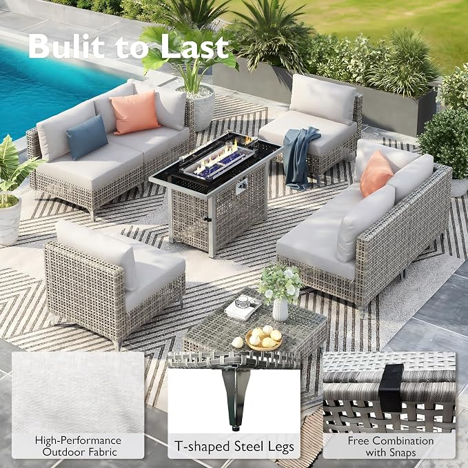 Patio 8-piece Patio Furniture Set with 43" Fire Pit Table, Outdoor Conversation Set & 60,000 Btu 43 Inch Rectangle Propane Fire Pit with Water Resistant Grey Thick Cushions, Grey