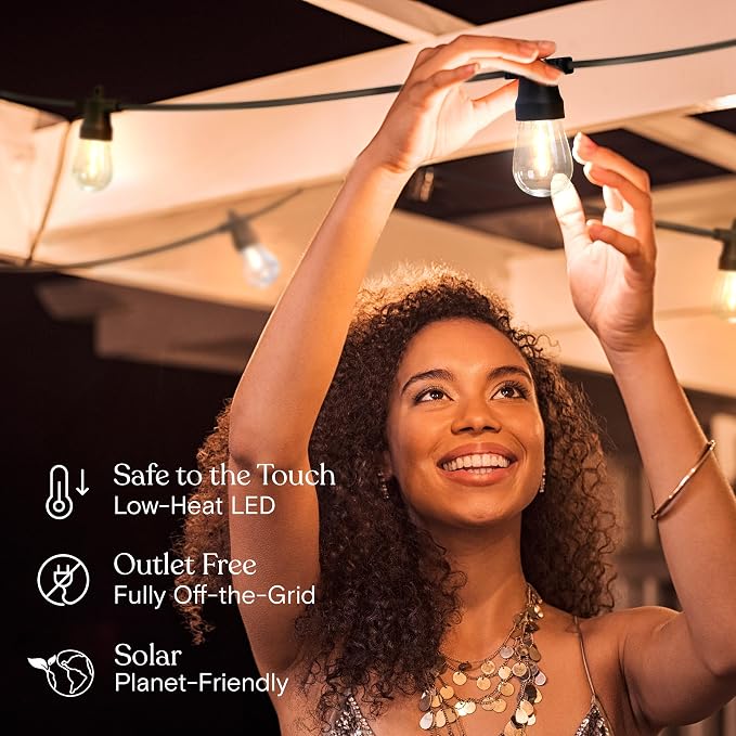 Brightech Ambience Hybrid Outdoor String Lights - Dual Plug and Solar Powered Waterproof LED Light String for Outside - 27 Ft, Soft White Edison Bulbs, for Camping, Patio, Cafe, Yard, Porch