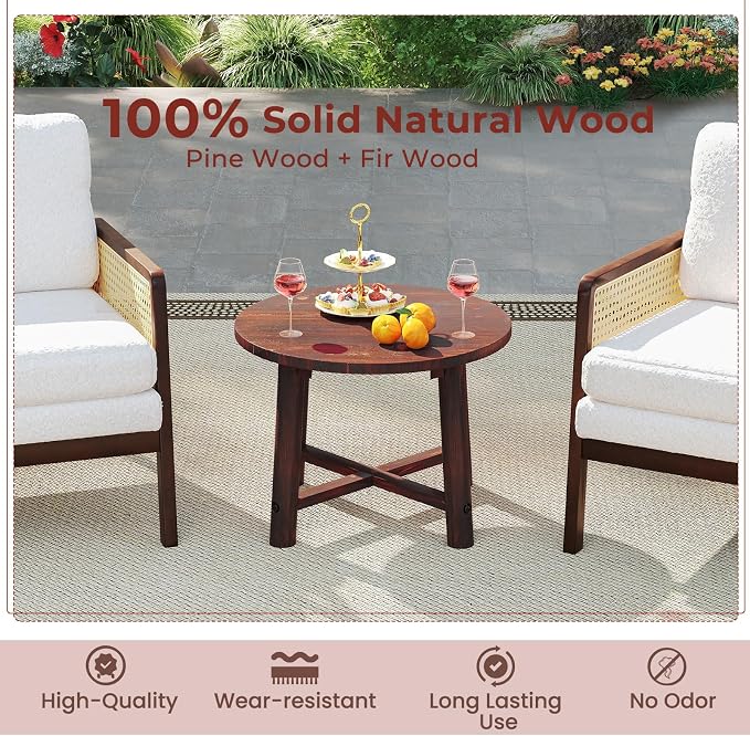 HAPPYGRILL Outdoor Wood Side Table, Round Patio End Table Coffee Table for Garden, Deck, Poolside & Indoor (1)