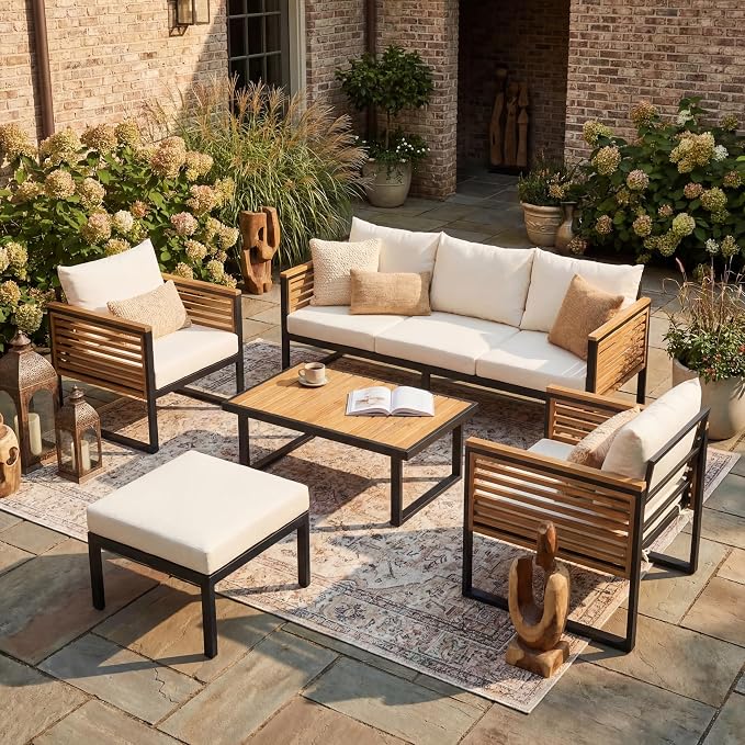 Virubi 5-Piece Acacia Wood and Metal Patio Sofa Set, Sturdy Iron & Acacia Frame, Water-Repellent Upholstery Cushions, Outdoor Conversation Sofa Set with 3-Seater, 2 Club Chairs, Ottoman & Table