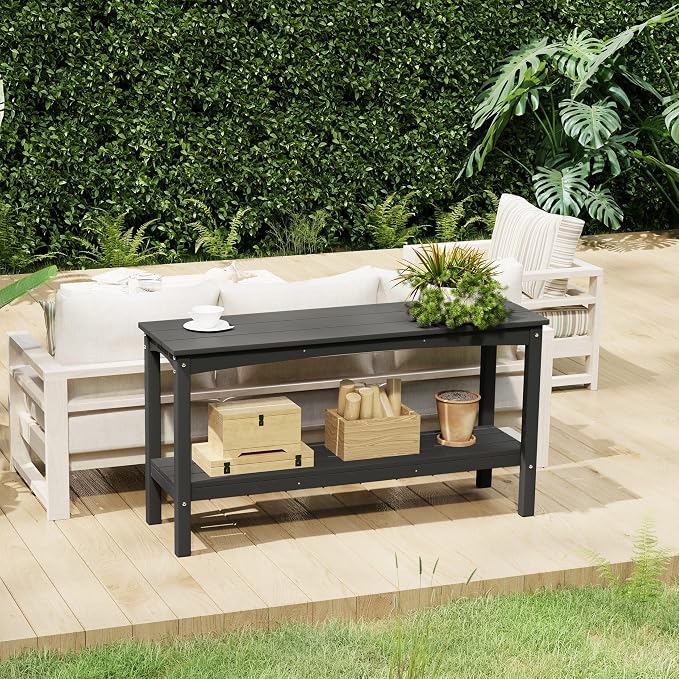 Costaelm Adirondack Outdoor Side Table, 55” HDPE Small Outside Table with Storage Shelf, Weather Resistant Plant Shelf, Outdoor Coffee Table and Buffet Table for Pool & Yard, Gray