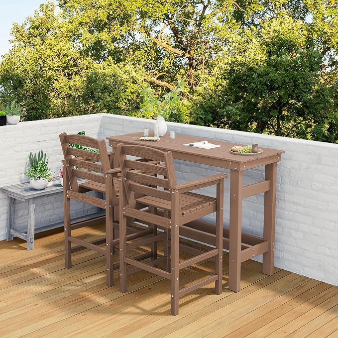 SERWALL Outdoor Bar Set with 9ft Umbrella, All-Weather HDPE Patio Bar Chairs and Table, Outdoor Furniture Set, Brown (Umbreall Base not Included)