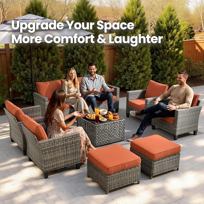 8 Piece Wicker Patio Furniture Set with Solar Table, Orange | Outdoor Deep Seating Sofa Chair Ottoman, Solar Lights Table, All Weather Rattan, Modern Conversation Set, Porch Deck Backyard