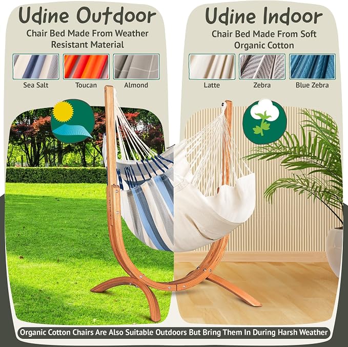 LA SIESTA Udine Outdoor Hammock Chair Set with freestanding Wooden Stand, Double-Size Weather-Resistant Hammock Chair with FSC-Certified Eucalyptus Wood Stand - Sea Salt