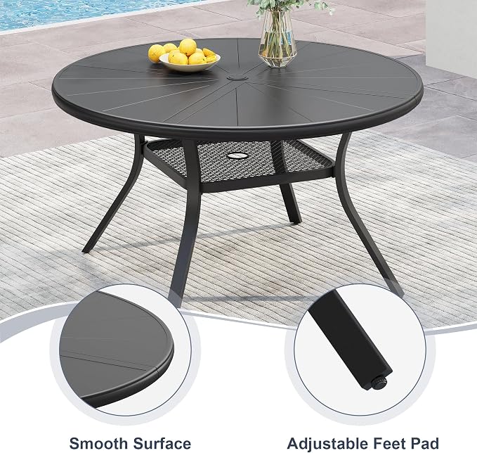 VICLLAX Round Patio Dining Table, 4 Person Aluminum Outdoor Dining Table with Umbrella Hole and Storage Shelf for Garden Lawn Deck, 40.6" Black