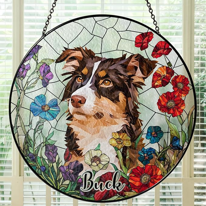 Personalized Stained Glass Pet Photo Suncatcher – Custom Pet Portrait Memorial Window Hanging with Flowers, Keepsake Valentines Gift for Dog Lovers, Cat Lovers, Family Home Decor