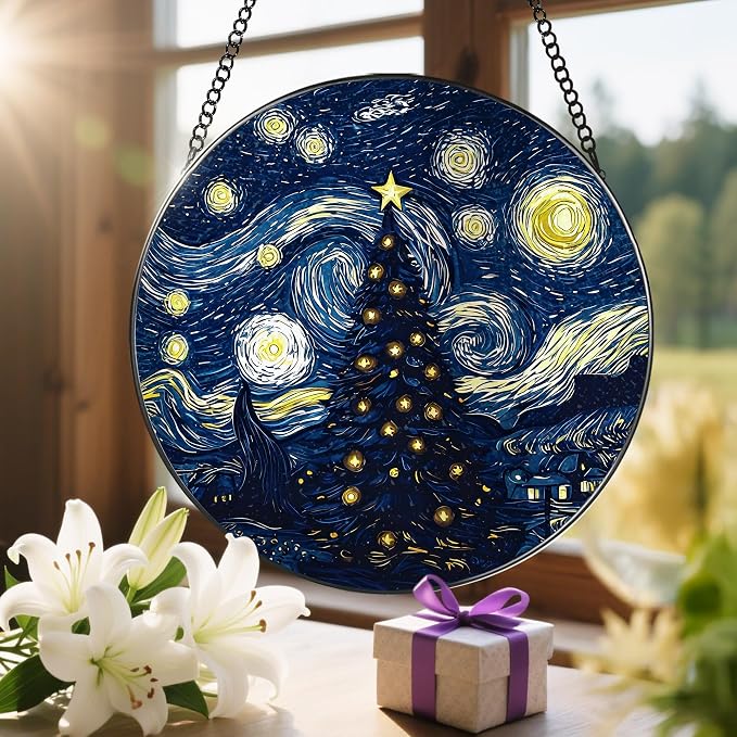 8-Inch Starry Night Christmas Tree Suncatcher Ornament, Stained Glass Window Hanging & Stained Glass Holiday Ornament, Sun Catcher Window Decor, Van Gogh’s Keepsake, Gifts for Christmas & Holidays
