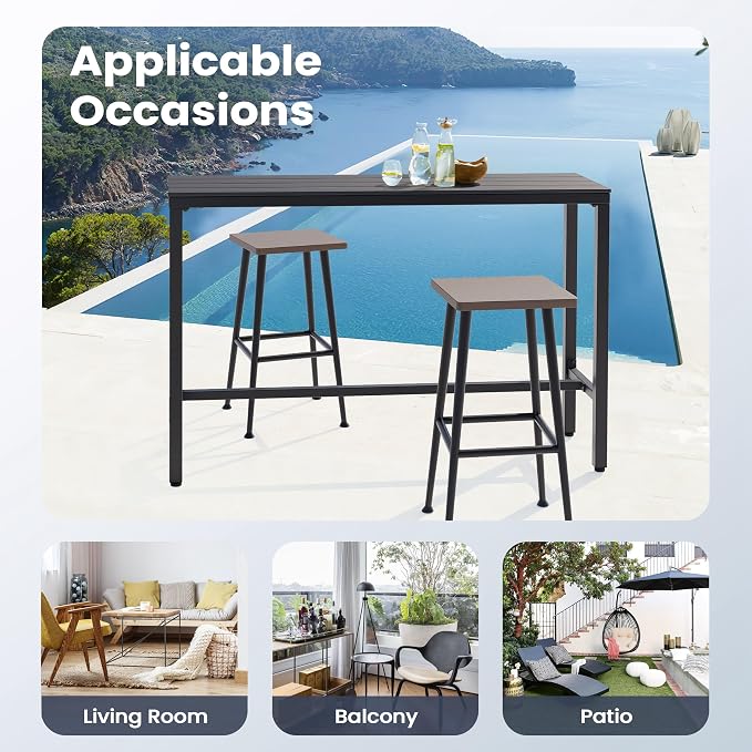 Outdoor Bar Table 55" All-Weather Patio Bar Table with Metal Frame and Waterproof Wood-Like Tabletop Outdoor Console Table for Balcony Yard Garden Bistro Hot Tub Use(Black)