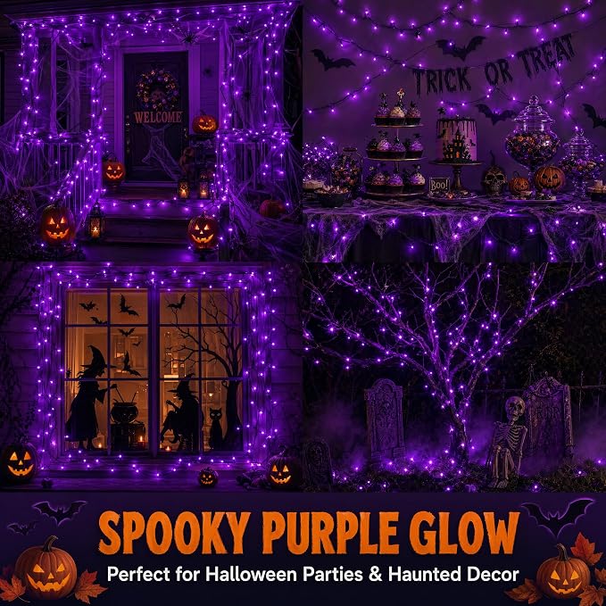 Purple Battery Operated String Lights 66FT 200LED with Remote Timer | Halloween Fairy Lights Waterproof 8 Modes with Memory Indoor Outdoor Decor for Party Bedroom Holiday