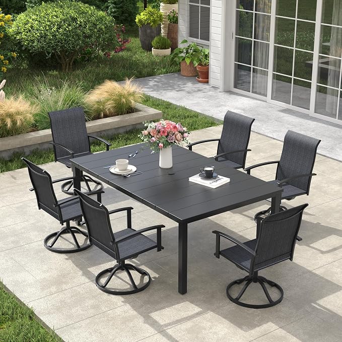 VICLLAX Outdoor Table for 6, Metal Patio Dining Table with Umbrella Hole for Garden Lawn Deck Backyard, Black Tabletop