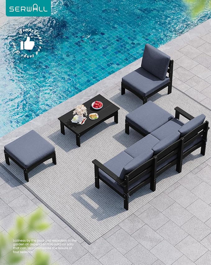 SERWALL HDPE Patio Furniture Set,7 Pieces Patio Conversation Set, All-Weather Modular Patio Sofa Set with Removable Cushions and Coffee Table for Deck, Garden, Porch, Black Frame with Grey Cushion
