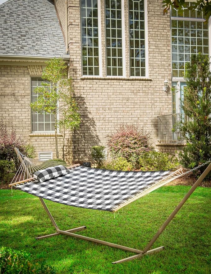 Castaway Living Large 2-Person Quilted Hammock with Stand & Pillow – Buffalo Plaid, 10 ft. L x 52 in. W, 350 lb Capacity, Weather-Resistant Polyester, Portable Space-Saving Frame