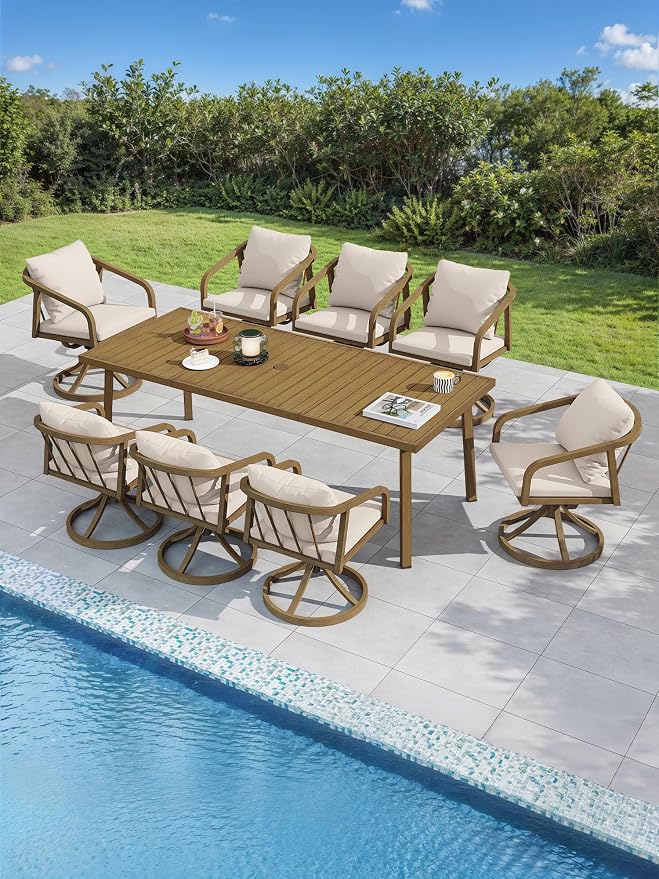 Swivel Outdoor Chairs Set of 2, Patio Dining Chairs with Removable Cushions, Never-Rust Aluminum Outdoor Dining Chairs with Wraparound Backrest and Armrest for Poolside, Deck, Backyard, Teak