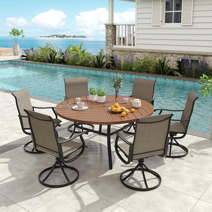 VICLLAX 50" Round Patio Dining Table for 6, All Weather Metal Outdoor Table with 1.57" Umbrella Hole and Surdy Frame for Garden Lawn Deck, Walnut