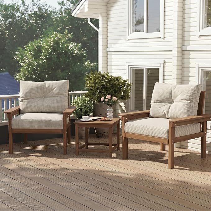 2-Piece Teak Patio Conversation Set, HDPE 3-Seat Sofa with Coffee Table, Teak Frame with Thick Beige Cushions, Outdoor Couch for Balcony