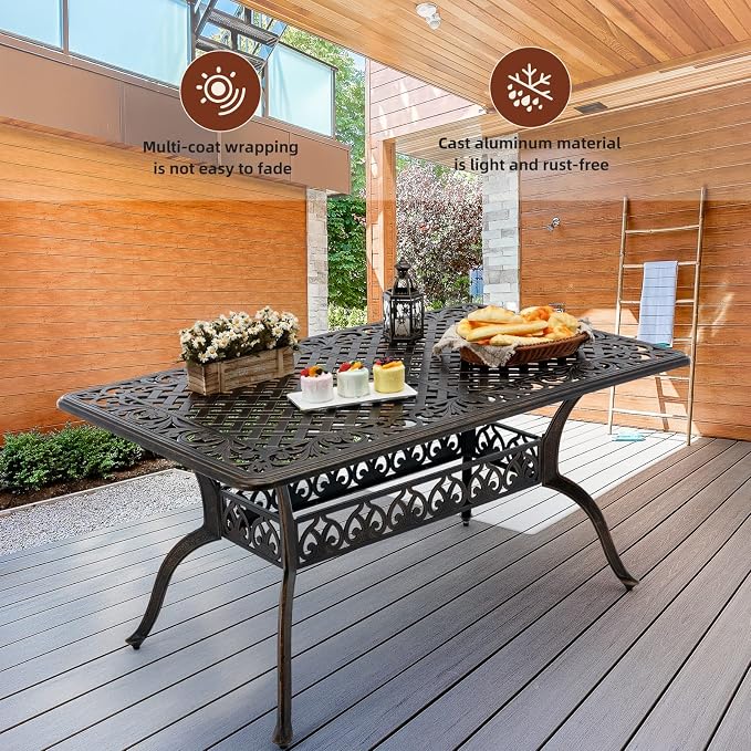 7-Piece Cast Aluminum Outdoor Table and Chairs, Antique Bronze Patio Dining Sets Include 60" Large Patio Dining Table and 6 Chairs with Removable Cushion