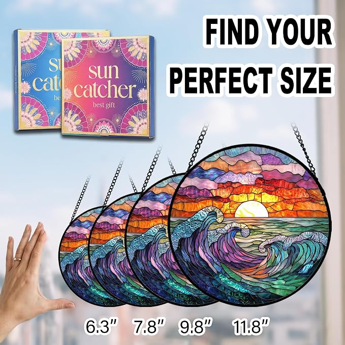 Beach Gifts for Mom - Sunrise Waves Faux Stained Glass Window Hanging Sun Catcher for Door Garden Acrylic Decor Mother's Day Birthday Stocking Stuffer Gift for Women Nana Friend Men Grandma 6.3"