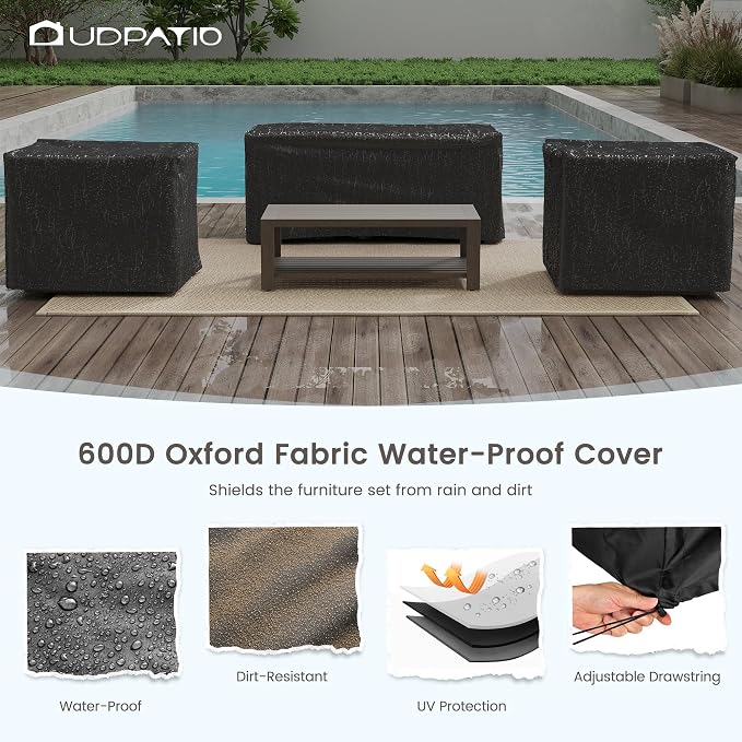 UDPATIO Aluminum Patio Furniture Set, Faux Wood Grain Modern Outdoor Furniture, 6" Cushions Metal Patio Conversation Sofa with Coffee Table for Poolside Deck, 5 PCS, Dark Grey(Include 600D Covers)