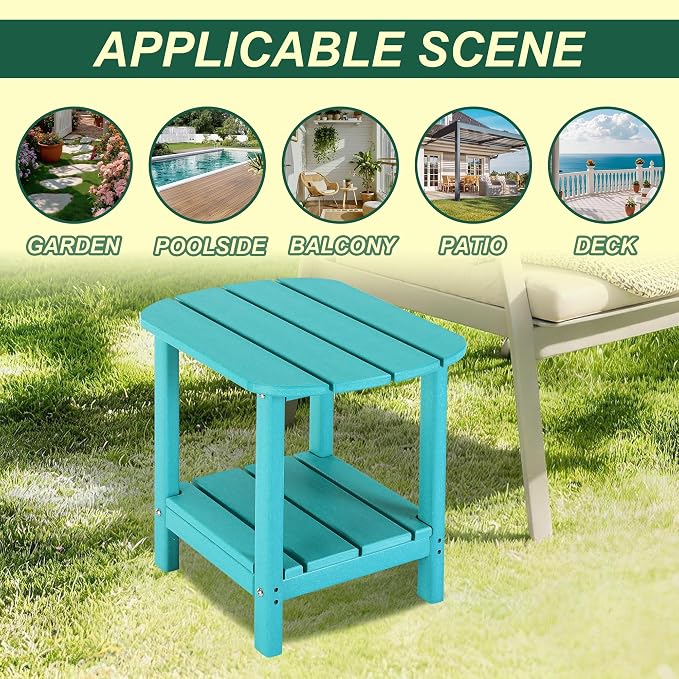 LZRS Patio End Table, Heavy Duty HDPE Outdoor Coffee Table with Wood Texture, Weatherproof Composite Table for Adirondack Chairs, Deck, Pool, Indoor/Outdoor, No Peeling Cracking(Turquoise)