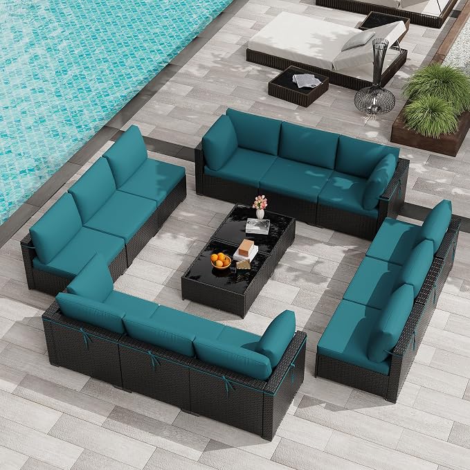 KIGOTY Patio Furniture Set,14 Pieces Modular Outdoor Sectional Sofa, PE Rattan Patio Conversation Set, All Weather Wicker Patio Furniture with Cushions and Coffee Table(Black/Blue)