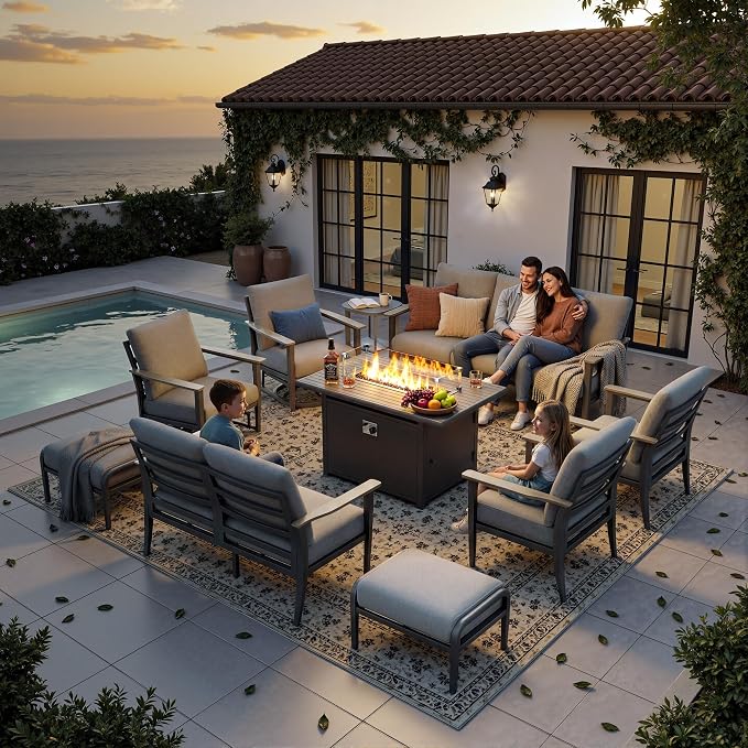 Aluminum Outdoor Patio Furniture Set with Swivel Rocking Chairs 11-Seat, Patio Sectional Sofa with Ottomans Patio Conversation Set with 55,000 BTU Fire Pit Table & High Backrest, Grey