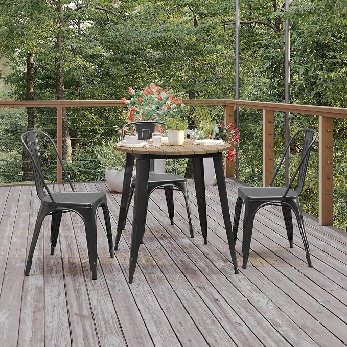 Flash Furniture Declan Commercial Outdoor Dining Table, All Weather Poly Resin Top with Steel Base, 30" Round, Brown/Black