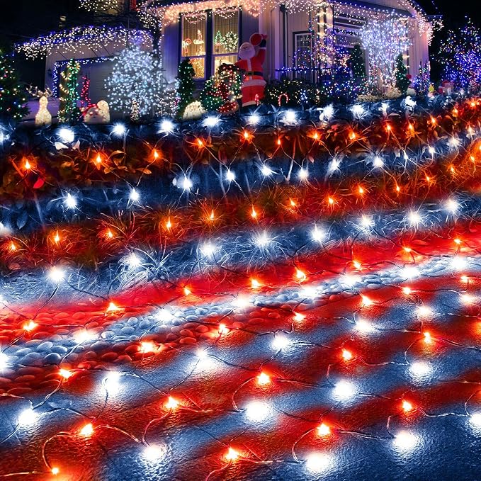 Pooqla Red and White Christmas Net Lights Outdoor, 15x 5ft Green Wire | 300 LED Large Net Mesh Lights Plug in, 8 Modes Waterproof Connectable Bushes Lights for Christmas Hedge Yard Decor