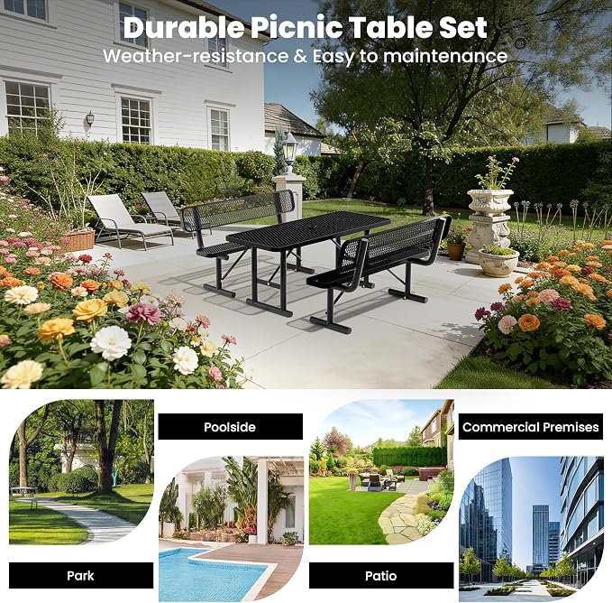 6FT Outdoor Metal Picnic Table with 2 Benches,Heavy Duty Rectangular Picnic Table Set for Outside, Waterproof Commercial Restaurant Table Furniture for Park, Campfield, Patio, Garden, Yard