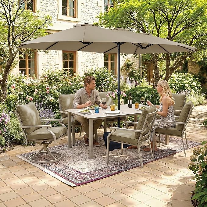 7-Piece Patio Dining Set, White Food-Grade Sintered Stone Dining Table with Umbrella Hole, 4 Dining Chairs and 2 Swivel Chairs with Beige Removable Thickened Cushions for Garden Lawn Yard