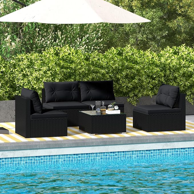 DORTALA 5 Piece Wicker Patio Furniture Set, PE Rattan Outdoor Sectional Conversation Set with Tempered Glass Coffee Table, 4 Chairs for Deck, Backyard, Poolside, Black