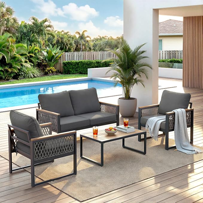 UPHA 4 Pieces Patio Furniture Set, Metal Outdoor Sectional Couch Set with Loveseat Sofa, 2 Chairs, Coffee Table, Modern Patio Conversation Set for Porch Balcony Deck, 4 Seats, Gray