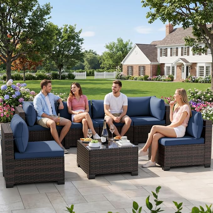 CHABATREE 7-Piece Outdoor Patio Furniture Sets, Manual Weaving Rattan Conversation Sectional Sofa with Tempered Glass Coffee Table, All-Weather PE Wicker & Thick Cushions for Garden, Backyard, Porch