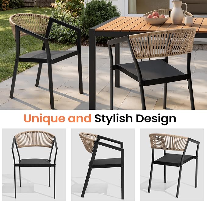 Pellebant Aluminum 13-Piece Outdoor Dining Table Set for 8-12 Person | Patio Stackable Chair with U-Shaped Wicker Backrest, 118" Table with Wood-Grain Top & Umbrella Hole, Aluminum Frame Furniture