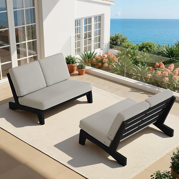 All Weather Patio Furniture Sets, 3 Pieces Black Wood Patio Loveseat Sofa Outdoor Sectional Futniture Backyard Conversation Set with Solid Wooden Coffee Table - Light Camel
