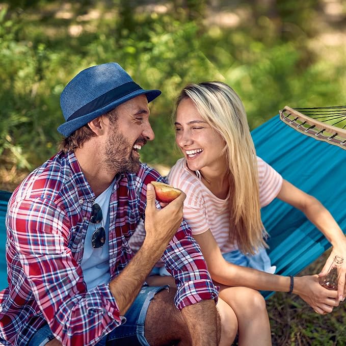 Tranquillo Hammock 2 Person Canvas Portable Hammock with Curved Wood Spreader Bar for Cozy Indoor and Winter Outdoor Use (Blue)