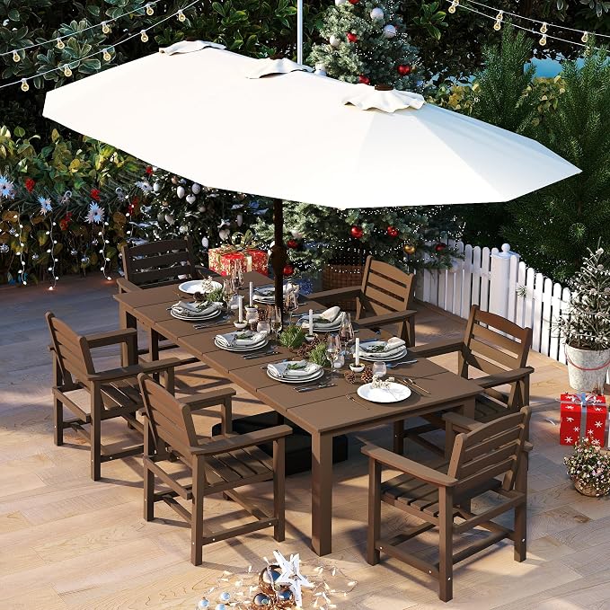 HDPE 7-Piece Outdoor Dining Set with 15FT Umbrella, Brown | All-Weather Patio Table and Chairs for 6, Fade-Resistant Patio Furniture Dining Set for Lawn, Garden, Deck, Backyard