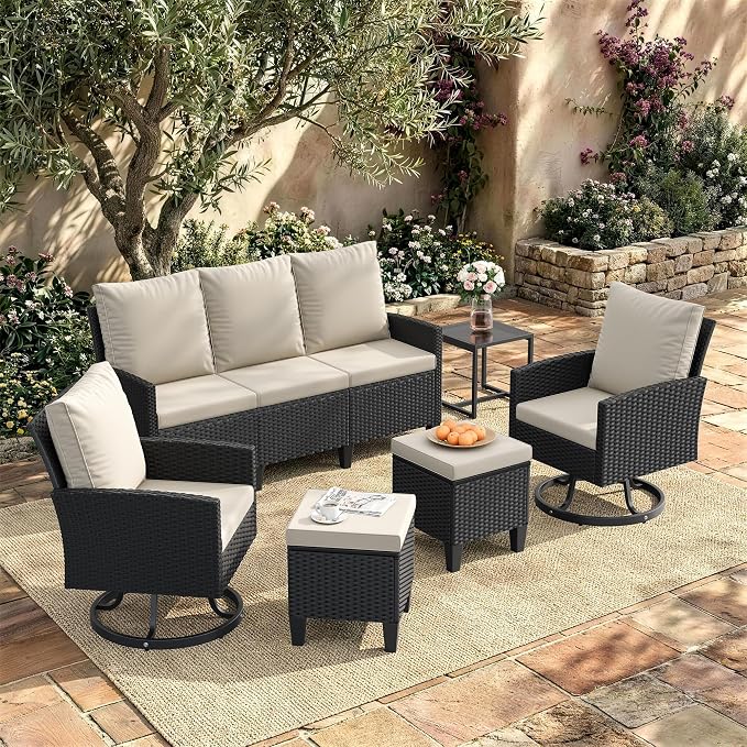 Amopatio Outdoor Patio Furniture Set, 6 Pieces Conversation Sofa with 360° Swivel Chairs, All Weather Wicker Outdoor Furniture for Backyard Garden Pool Deck,Beige
