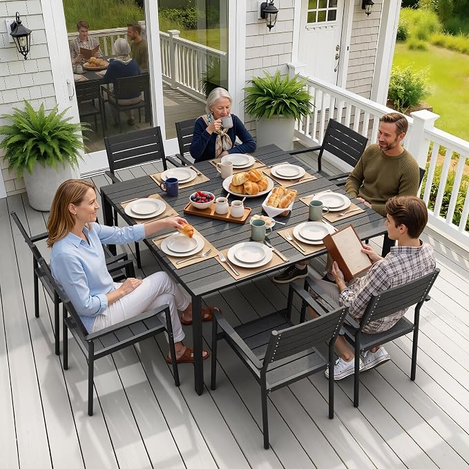 Crestlive Products Square Outdoor Dining Table for 8, 56" Aluminum Patio Table with Umbrella Hole Weather-Resistant Outside Table for Garden Backyard Deck, Black