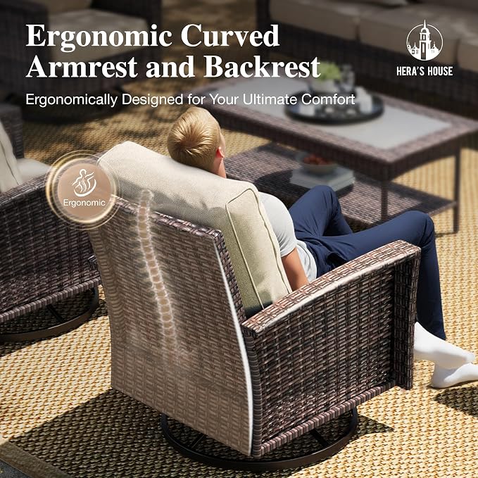 HERA'S HOUSE 7 Seats Patio Furniture Set, Outdoor Wicker Conversation Set with 5.5" Thick Cushion, 4 x High Back Swivel Patio Chairs with Tempered Glass Table & Couch for Deck Lawn Deck Yard, Beige