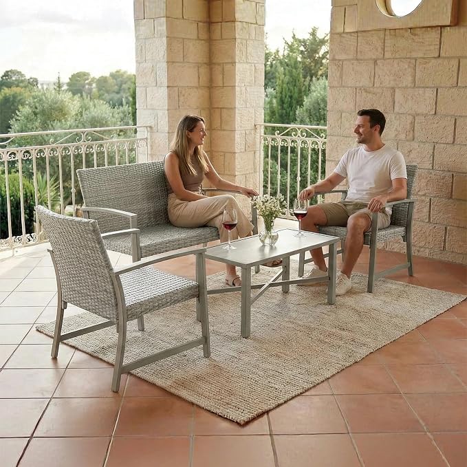 4-Piece Wicker Patio Furniture Set, Modern Outdoor Conversation Set with Coffee Table and Padded Seat Cushions, Rattan Sectional Sofa for Backyard, Garden & Lawn, Light Grey