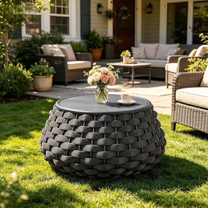 YDcosyfy Large Round Outdoor Side Table, 28 Inches Patio End Table with Removable Wood Top, Outside Coffee Table, All-Weather Metal Frame, Hollow Out Bottom Storage, for Balcony, Porch, Garden, Gray