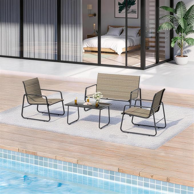 4-Piece Outdoor Patio Furniture Set, All-Weather & Easy Assembly Outdoor Conversation Set with Tempered Glass (2 Single Seats, 1 Loveseat, 1 Coffee Table) for Garden, Patio, Yard, Poolside