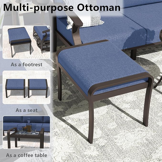 ALAULM Aluminum Patio Furniture Set with Coffee Table Rectangular, 5-seat Outdoor Sectional Furniture w/2 Swivel Chairs, Patio Conversation Set for Porch, Backyard, Dark Blue