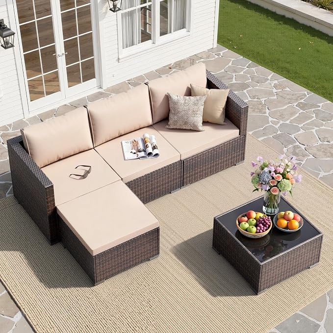 Patio Furniture Set - All-Weather -5 Piece Outdoor Patio Conversation Couch Sets, Modular Wicker Rattan Sectional Sofa for Garden, Patio, Poolside, Backyard, Balcony, Porch,Khaki
