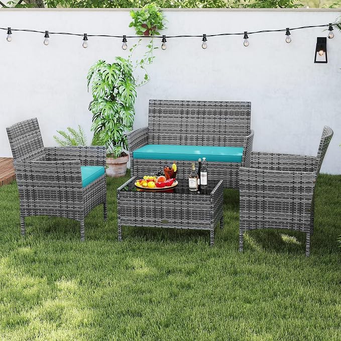 RELAX4LIFE 8-Piece Patio Furniture Set - Rattan Outdoor Conversation Bistro Set w/Cushions, Glass Coffee Table, Wicker Chairs & Loveseat for Pool Garden Backyard Porch Balcony (2, Mix Grey-Turquoise)
